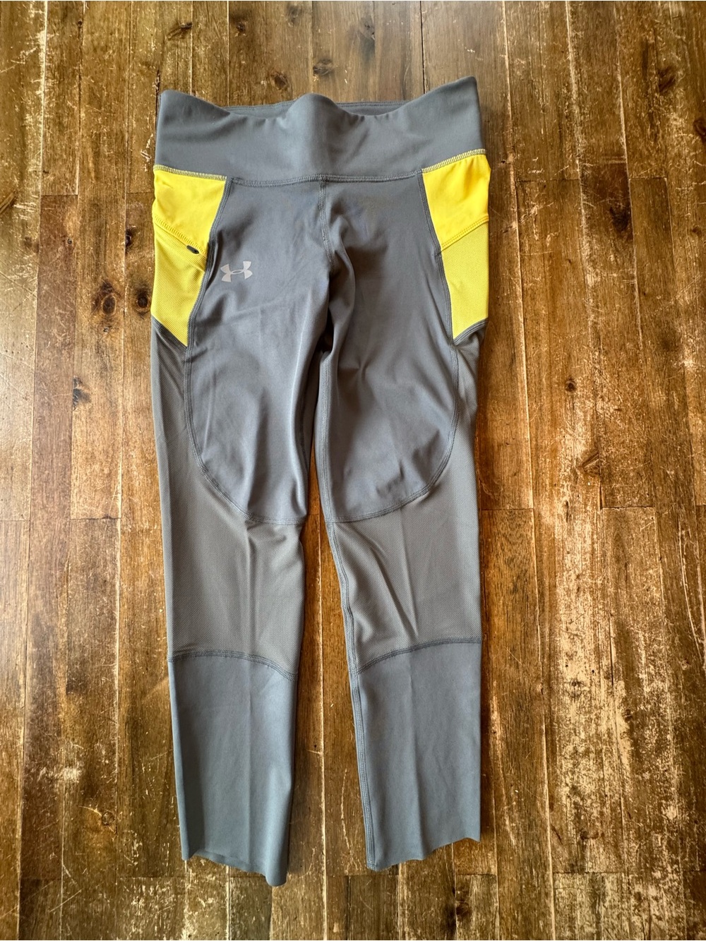 Under Armour Brand Gray Compression Heat Gear Leggings with Yellow Pocket Panels
